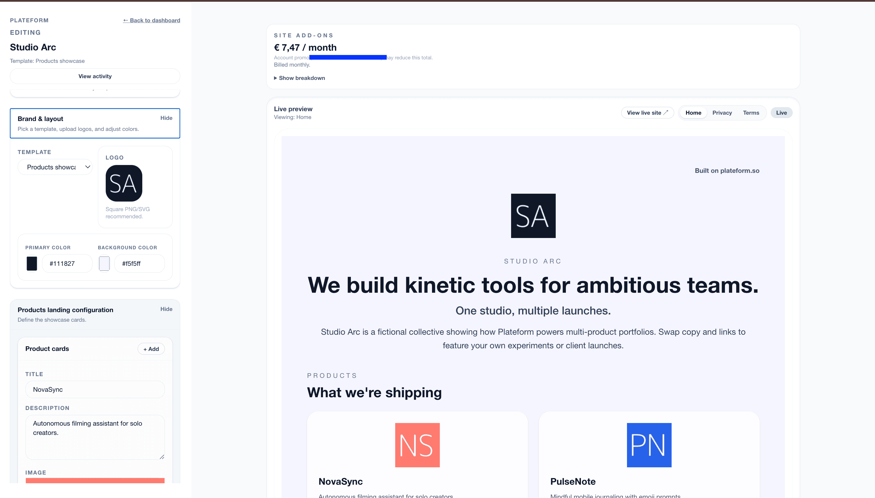 The Plateform editor open on an MVP landing page — form fields on one side, live preview on the other.