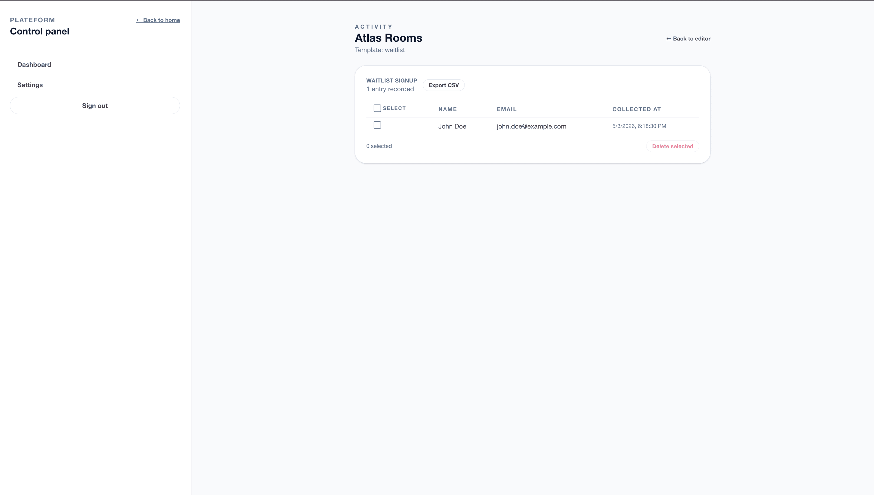 The Plateform dashboard showing waitlist signups collected from a live validation page.